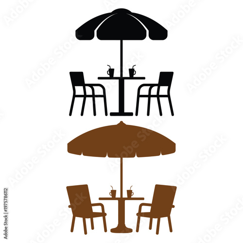 Outdoor Cafe Table With Umbrella Chairs And Drinks Silhouettes