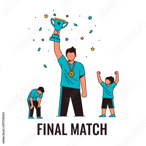 Winner holding trophy, celebrating victory with teammates, confetti and stars