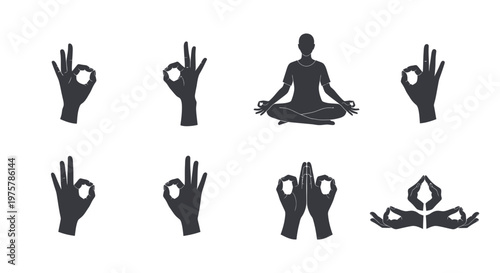 Yoga hands and body poses in black silhouette on white background for meditation and mindfulness