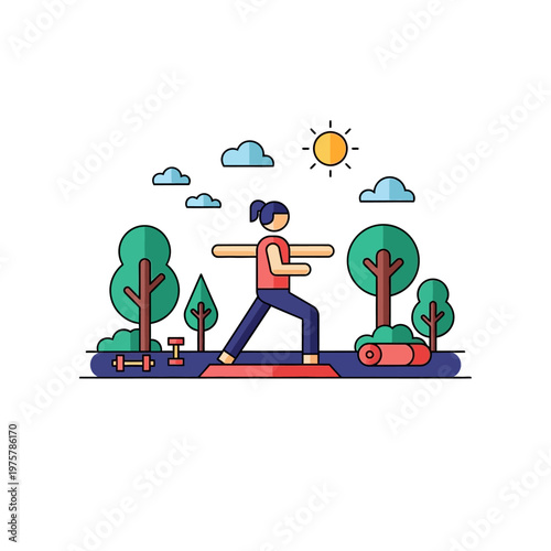 Woman Practicing Yoga Warrior Pose Outdoors in Park with Trees and Sun