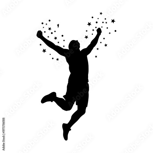 Silhouette of a triumphant person jumping with arms raised, surrounded by stars.