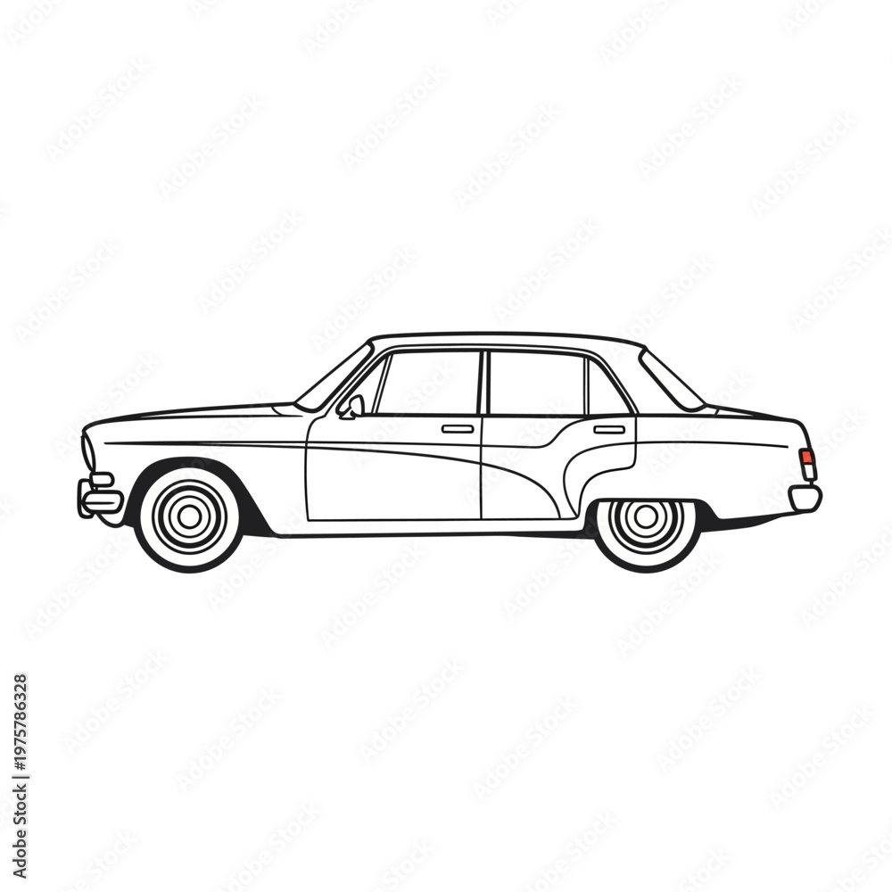 Naklejka premium Vintage Sedan Car Outline Drawing, Classic Automobile Silhouette, Retro Vehicle Icon