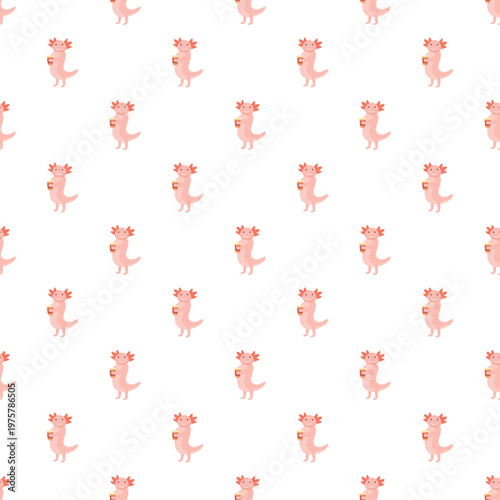 Cute pink axolotl characters holding coffee cups in a repeating pattern