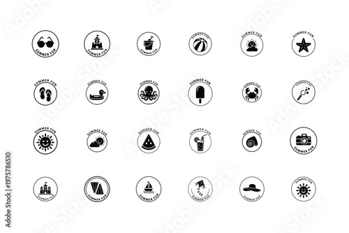 Summer Fun Beach Life Badge Collection Tropical Holiday Icon Set Line Art Vector illustration.