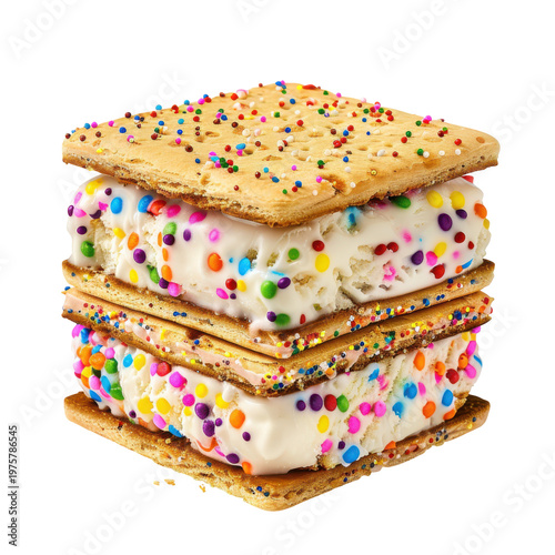 Colorful Ice Cream Sandwich with Sprinkles Between Graham Crackers in a Fun and Playful Setting on transparent background