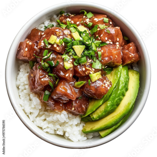 Delicious Poke Bowl with Fresh Ahi Tuna, Avocado, and White Rice Topped with Sesame and Green Onions on transparent background