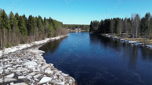 Aerial view of Kiiminkijoki river in Ylikiiminki, Oulu Finland