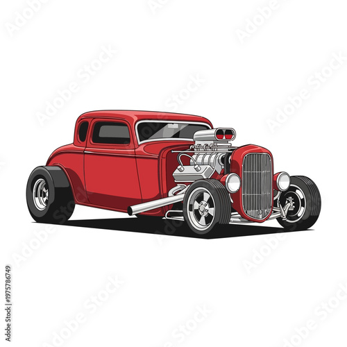 Classic Red Hot Rod Coupe with Supercharger and Custom Wheels