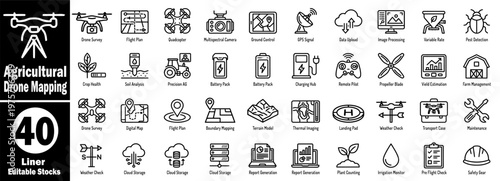 Agricultural Drone Mapping: Smart farming drone technology icon collection for agriculture.