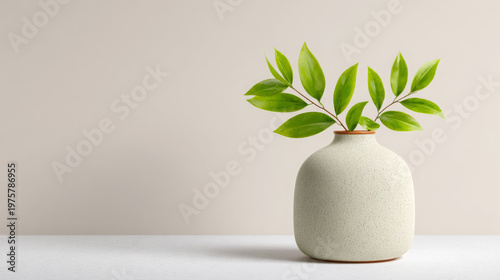 Decorative ceramic vase with green leaves placed on a white surface against a soft beige background, showcasing minimalist design and natural elements