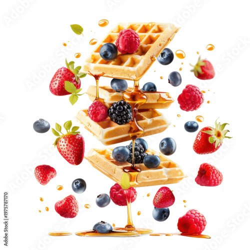 Delicious stacked waffles topped with fresh berries and syrup, perfect for breakfast or dessert enjoyment. on transparent background