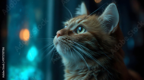 Curious Ginger Cat Looking Intently at a Glowing Light in a Dark Room
