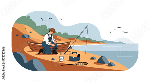 Man fishing on a serene lake shore