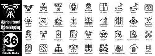Agricultural drone technology and mapping icons with editable lines.