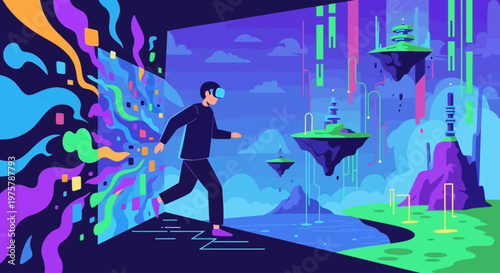 Man running through surreal futuristic landscape with floating islands