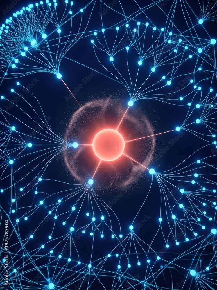 Fototapeta premium Dark indigo background with organized cluster of glowing nodes, large neon coral central hub with electric blue satellites, clean bezier curve connectors, soft particle halo.