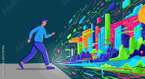 Man running through vibrant cityscape with neon lights