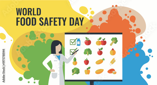 Female chef educating on food safety with colorful vegetables on whiteboard in informative presentation style with bright lighting for World Food Safety Day