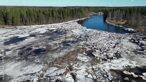Aerial view of Kiiminkijoki river in Ylikiiminki, Oulu Finland