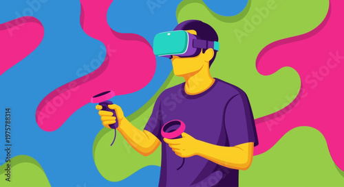 Man wearing virtual reality goggles and holding controllers