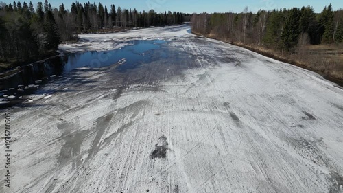 Aerial view of Kiiminkijoki river in Ylikiiminki, Oulu Finland