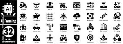 AI farming icons set representing modern agricultural innovations.