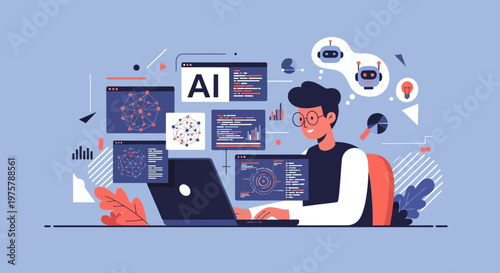 Man working with AI technology, programming and coding on computer