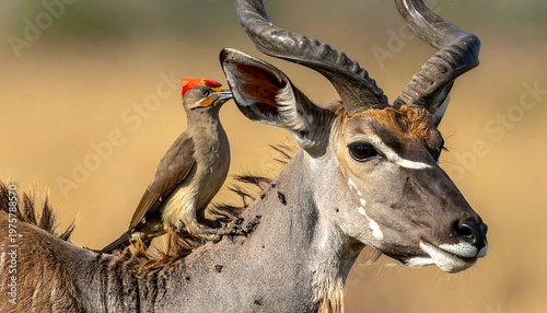 A large antelope with a bird on its back