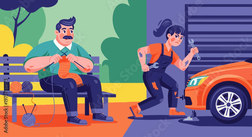 Mechanic fixing car with man on bench