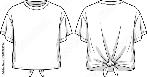 Short sleeve loose fit T‑shirt fashion illustration, knotted back hem detail, casual women’s top, front and back technical drawing, garment template