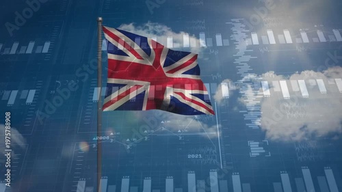 Union Jack flag waving over financial data charts and graphs