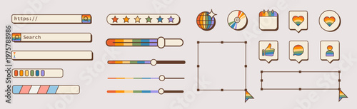 Retro computer UI element set with rainbow pride gradients. Nostalgic 90s internet browser bars, search fields, loading sliders, social icons for inclusive LGBTQ digital design. Vector illustration.