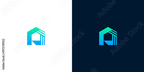 Modern minimalist architectural house logo design in blue and green gradient