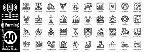 AI Farming: Collection of forty linear icons for modern smart farming solutions.
