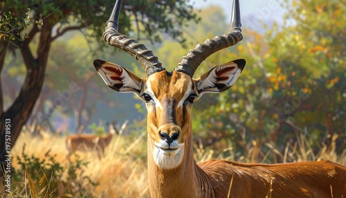 A large antelope with brown fur and long horns