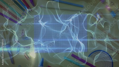 Faint grid wave appearing on paper initiating hologram unfolding pulsing dissolving amid stationery