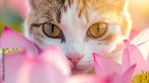 Cat's face peeking through pink flower petals, bright light highlights fur