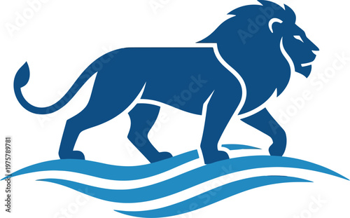 vector Minimalist logo Blue lion walking on stylized water waves silhouette