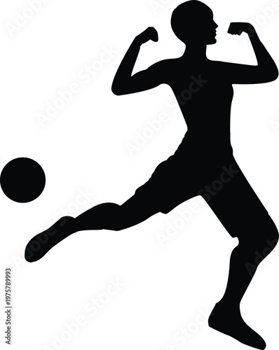 A black silhouette of a man kicking a ball with flexed arms