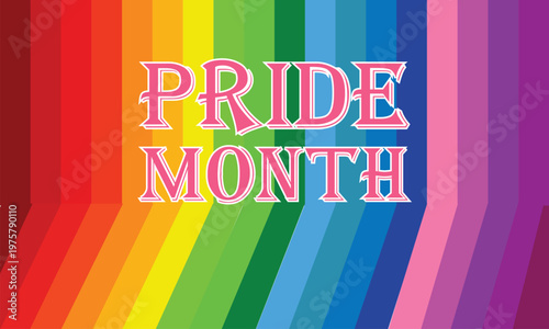 Pride Month Typography on Vibrant Rainbow Stripe Background for LGBTQ Awareness Celebration and Diversity Poster Design Vector Illustration