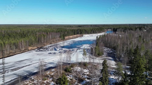 Aerial view of Kiiminkijoki river in Ylikiiminki, Oulu Finland