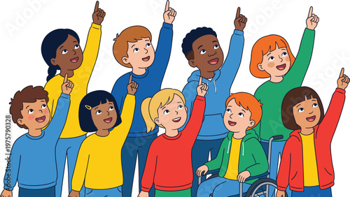 Happy Children Group Raising Hands and Pointing Up with Diverse Kids Including Disabled Child in Wheelchair Inclusive Education Vector Illustration