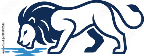 vector Minimalist logo Thirsty lion drinking water profile blue line art