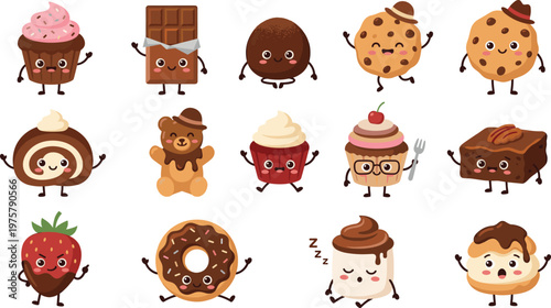 Cute Dessert Characters Collection with Cupcake, Chocolate, Cookie, Donut, Strawberry, and Sweet Treat Mascots in Cartoon Style Vector Illustration Set