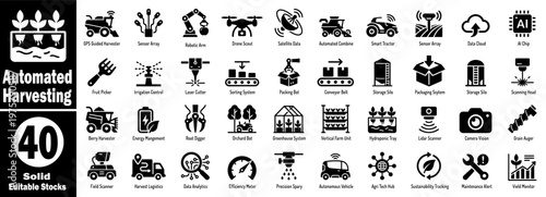 Forty solid icons for automated harvesting and agricultural robotics.