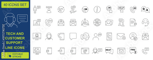 Customer support line icons set, 40 tech and service assistance vector elements, minimal thin line help desk and call center icons with editable stroke