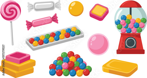 Cartoon candies in colorful vector illustration of lollipops, gumballs, and sweet treats