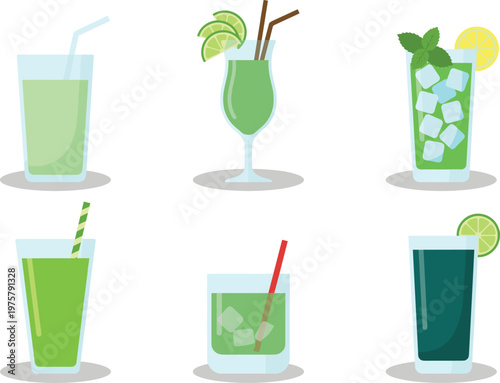 Green Cocktail and Juice Collection with Fresh Lime Drinks, Mint Beverages, and Iced Refreshments for Summer Bar Menu Vector Illustration Set