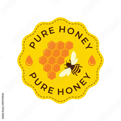 Pure Honey Circle Badge. Original Best Honey label with Honeybees on a Golden Honeycomb. For Icon, Logo, Sign, Symbol, Sticker, Tag, Seal, Stamp, Award. Vector Illustration
