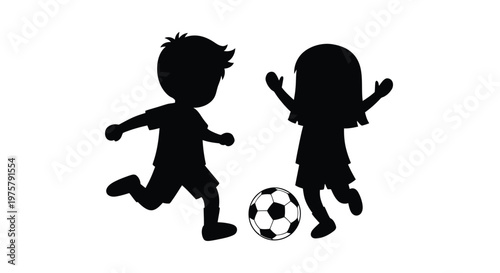 Silhouettes of children playing soccer with a black and white ball